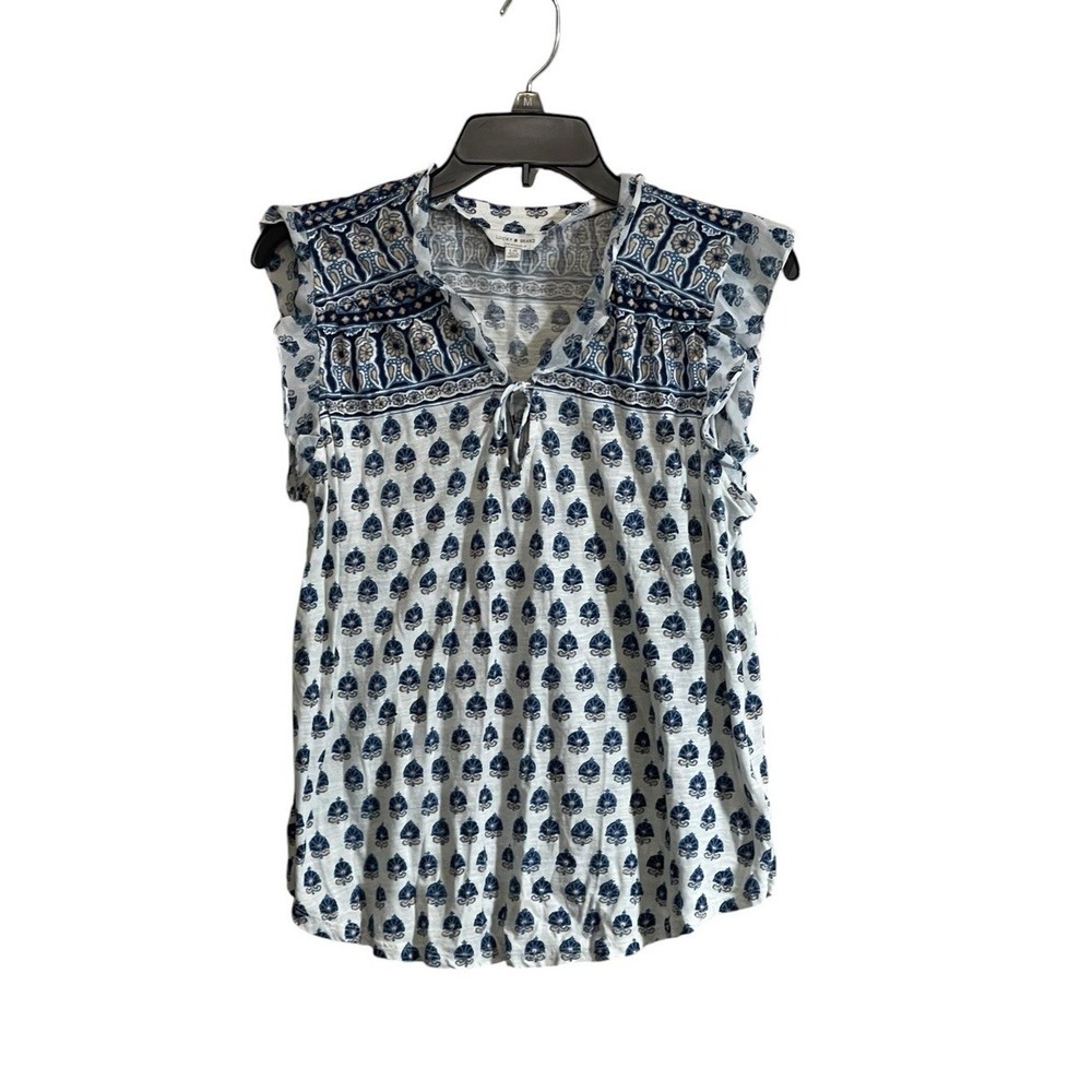 Lucky Brand Top Women Med  V Neck Tie Ruffle sleeve Boho Western